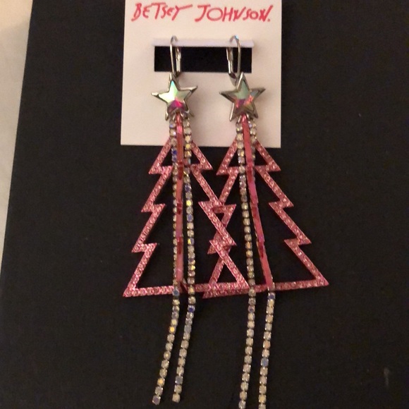 Betsey Johnson Silver Tone & Pink Metal Christmas Tree Drop Earrings Fringe NWT - Picture 8 of 13